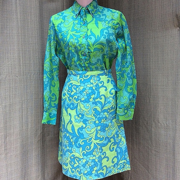 Vintage Lady Van Huesen Teal/Lt Blue A-Line Skirt - Picture 3 of 4